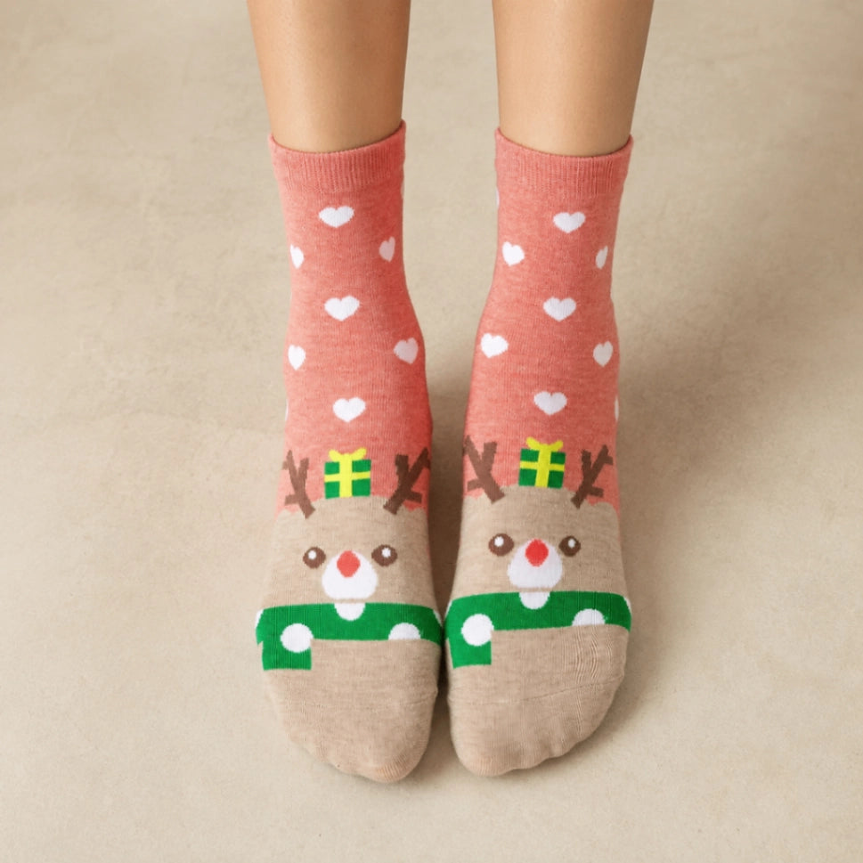 Chaussettes hautes de Noël coeur, motifs Père Noël, Renne, Bonhomme de Neige et Ours 