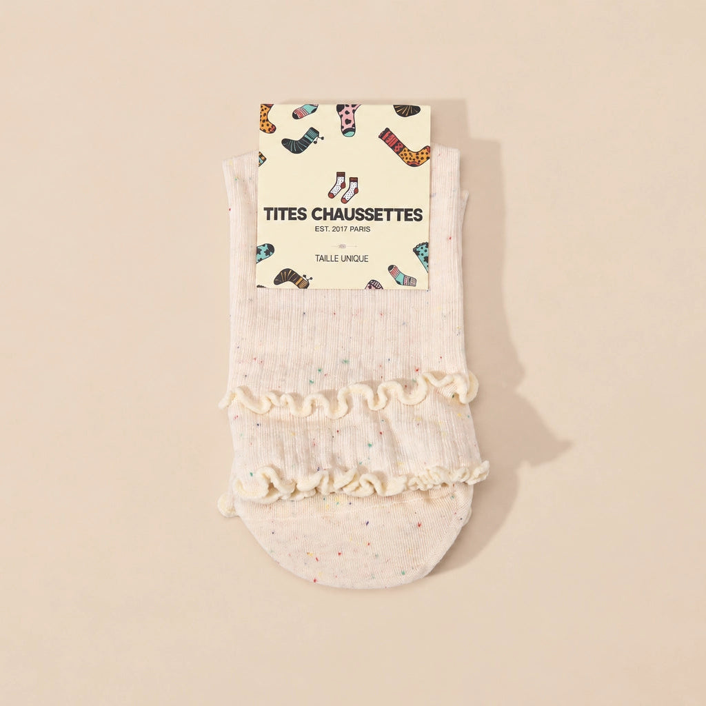 Chaussettes hautes chinées à double feston vendues à l’unité en bleu, gris ou beige. Matière douce et stretch, taille 35-41, pour un style féminin.