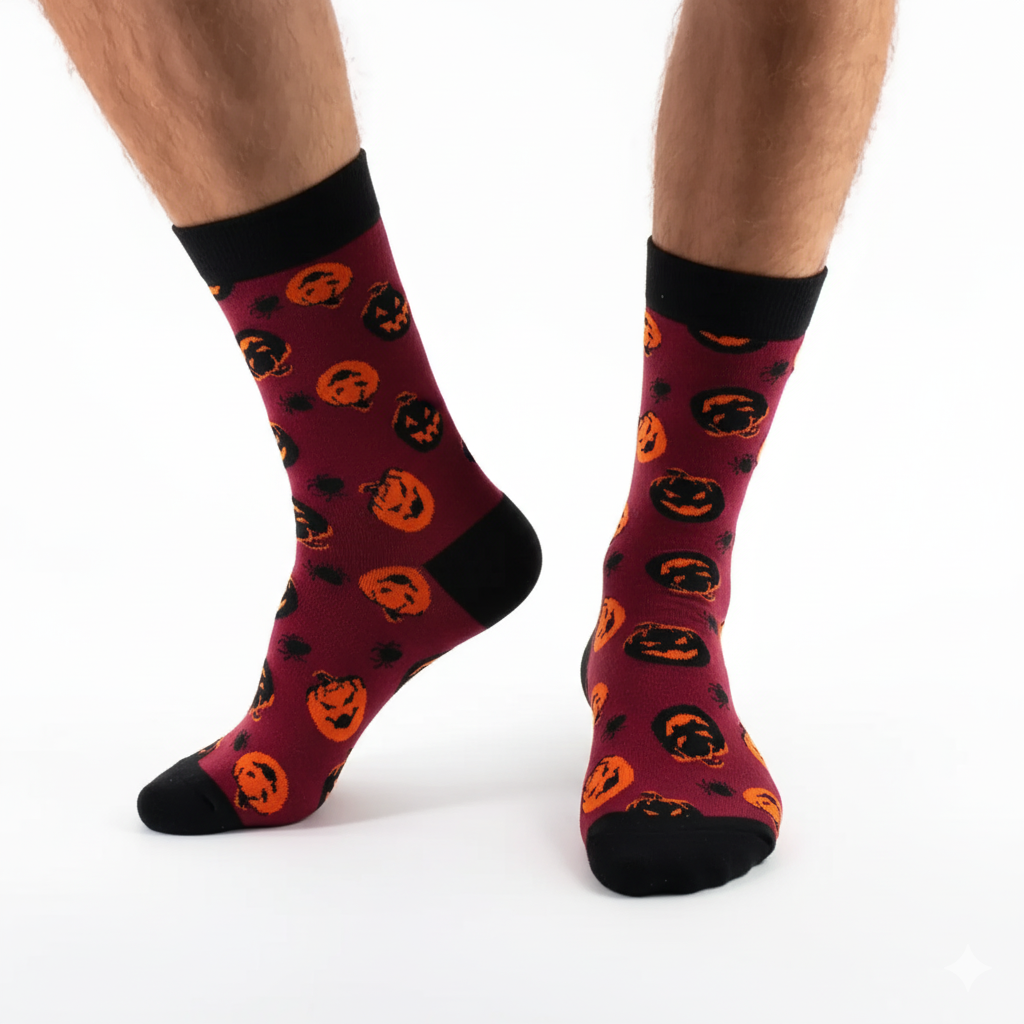 Chaussettes hautes homme Halloween taille 38-45. Confortables et extensibles, avec motifs citrouilles et araignées. Style festif garanti.
