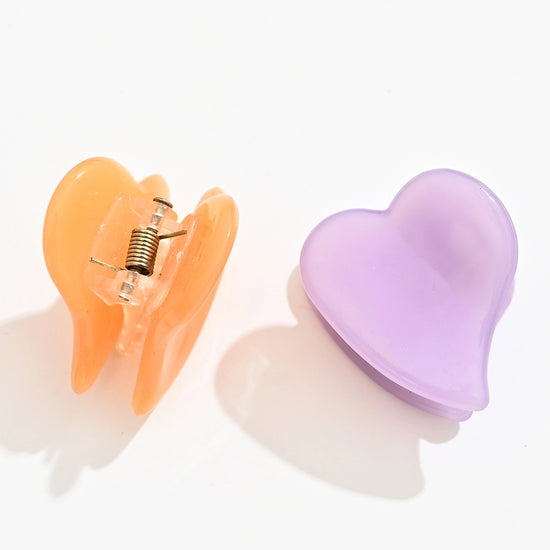 Lot de 2 petites pinces à cheveux en forme de coeur I Coloris orange et mauve I Matière acrylique 