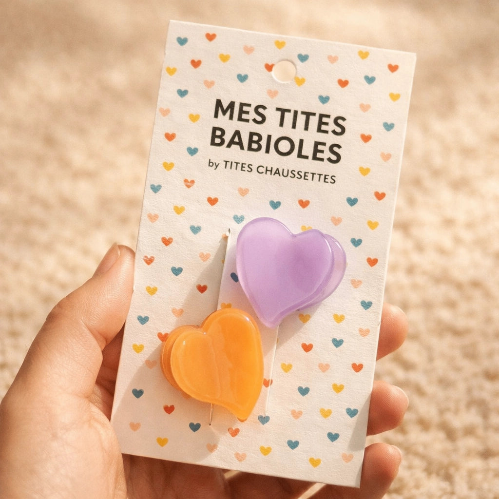 Lot de 2 petites pinces à cheveux en forme de coeur I Coloris orange et mauve I Matière acrylique 