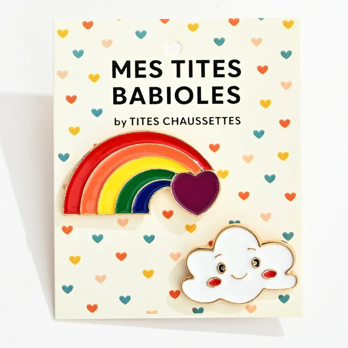 Lot de 2 pin's : nuage blanc souriant et arc en ciel multicolore