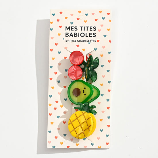 Lot de 3 pinces motifs fruits, taille environ 3 cm. Accessoires cheveux légers et pratiques, idéals pour maintenir une mèche au quotidien.