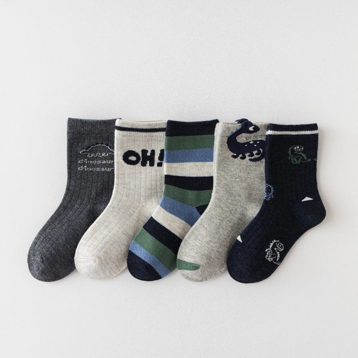 Lot de 5 chaussettes enfants garçon. Coloris bleu/gris/vert. Motif dinosaure. 