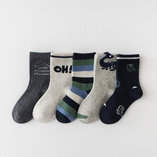 Lot de 5 chaussettes enfants garçon. Coloris bleu/gris/vert. Motif dinosaure. 
