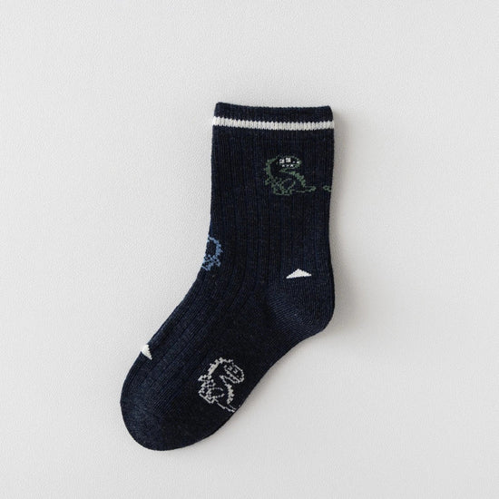 Lot de 5 chaussettes enfants garçon. Coloris bleu/gris/vert. Motif dinosaure. 