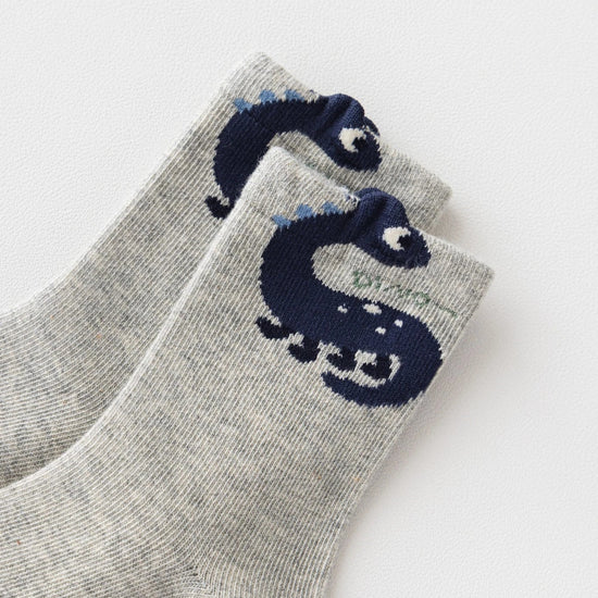 Lot de 5 chaussettes enfants garçon. Coloris bleu/gris/vert. Motif dinosaure. 