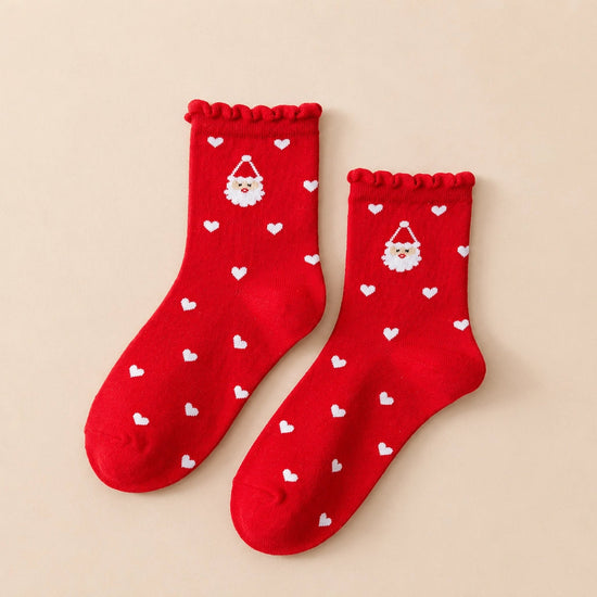 Lot de 4 chaussettes de noël, personnages de noël (père noël, cerf, bonhomme de neige, ourson), motif petits coeurs, finition feston