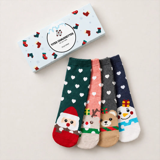 Lot de 5 chaussettes hautes de Noël coeur, motifs Père Noël, Renne, Bonhomme de Neige et Ours 
