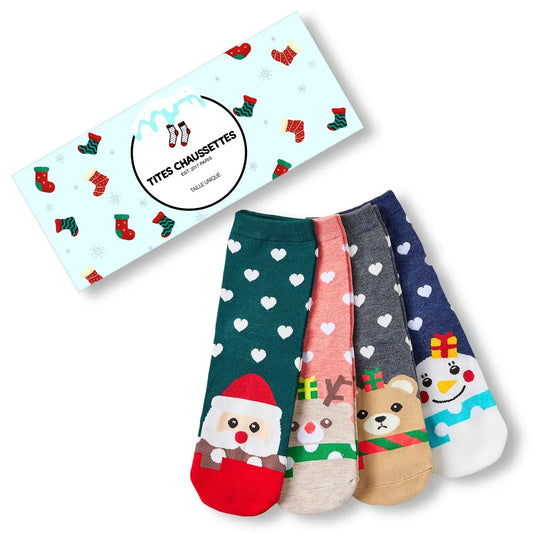Lot de 5 chaussettes hautes de Noël coeur, motifs Père Noël, Renne, Bonhomme de Neige et Ours 