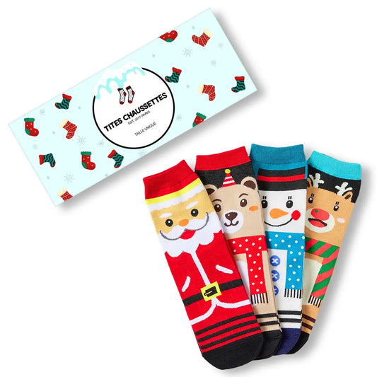Coffret de 4 chaussettes hautes costume de Noël : Père Noël, Bonhomme de Neige, Renne et Ours