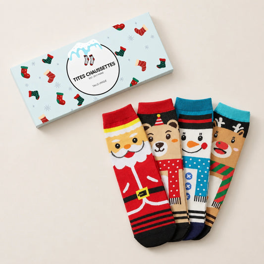 Coffret de 4 chaussettes hautes costume de Noël : Père Noël, Bonhomme de Neige, Renne et Ours