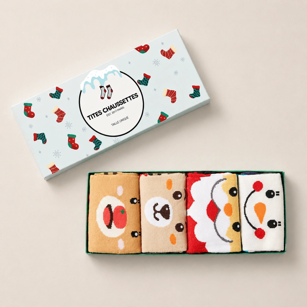 Coffret de 4 chaussettes hautes costume de Noël : Père Noël, Bonhomme de Neige, Renne et Ours