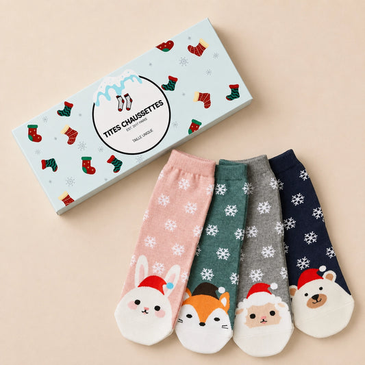 Lot de chaussettes de noël motif flocons et tête d'animal portant un bonnet de noël : ours, renard, mouton, lapin