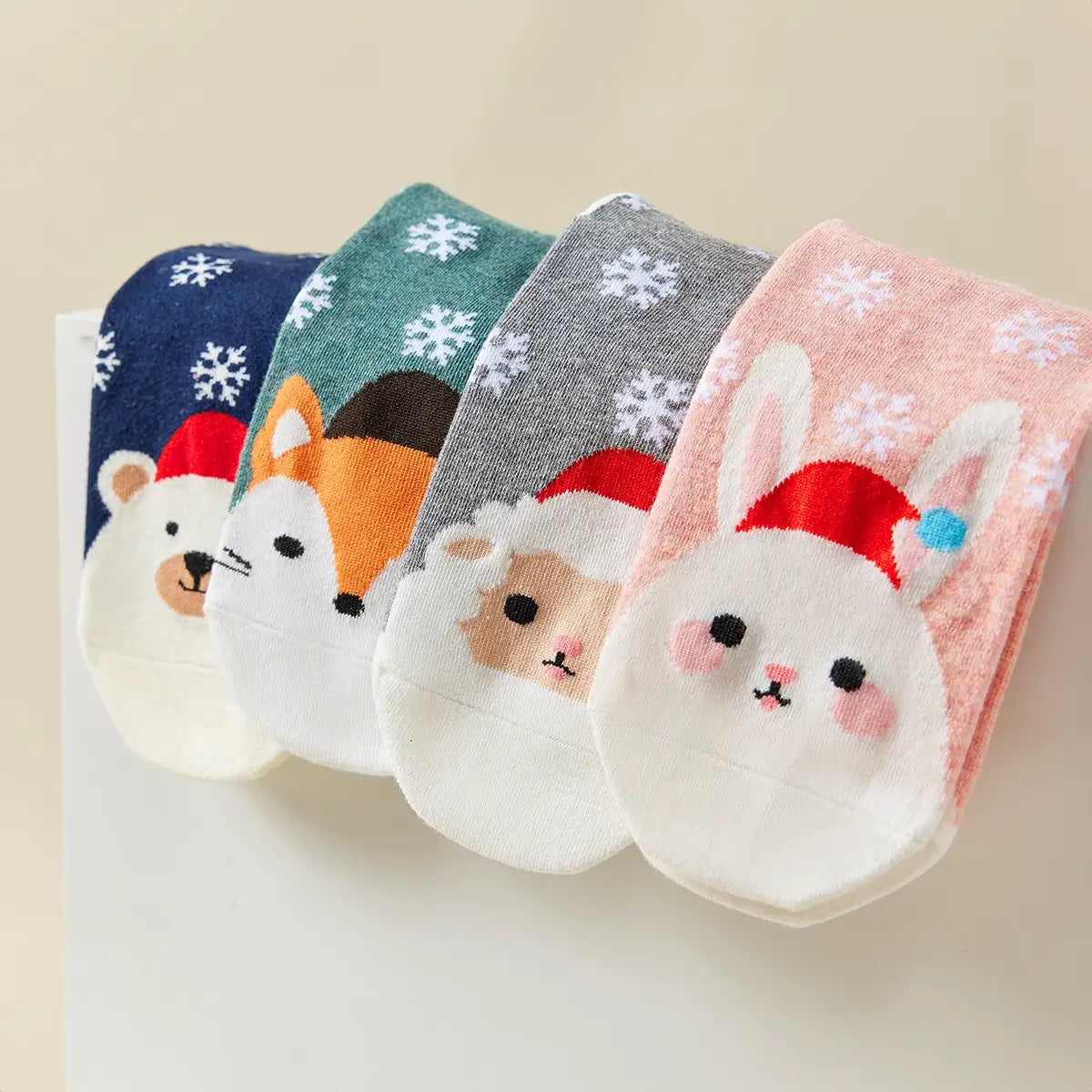 Lot de chaussettes de noël motif flocons et tête d'animal portant un bonnet de noël : ours, renard, mouton, lapin