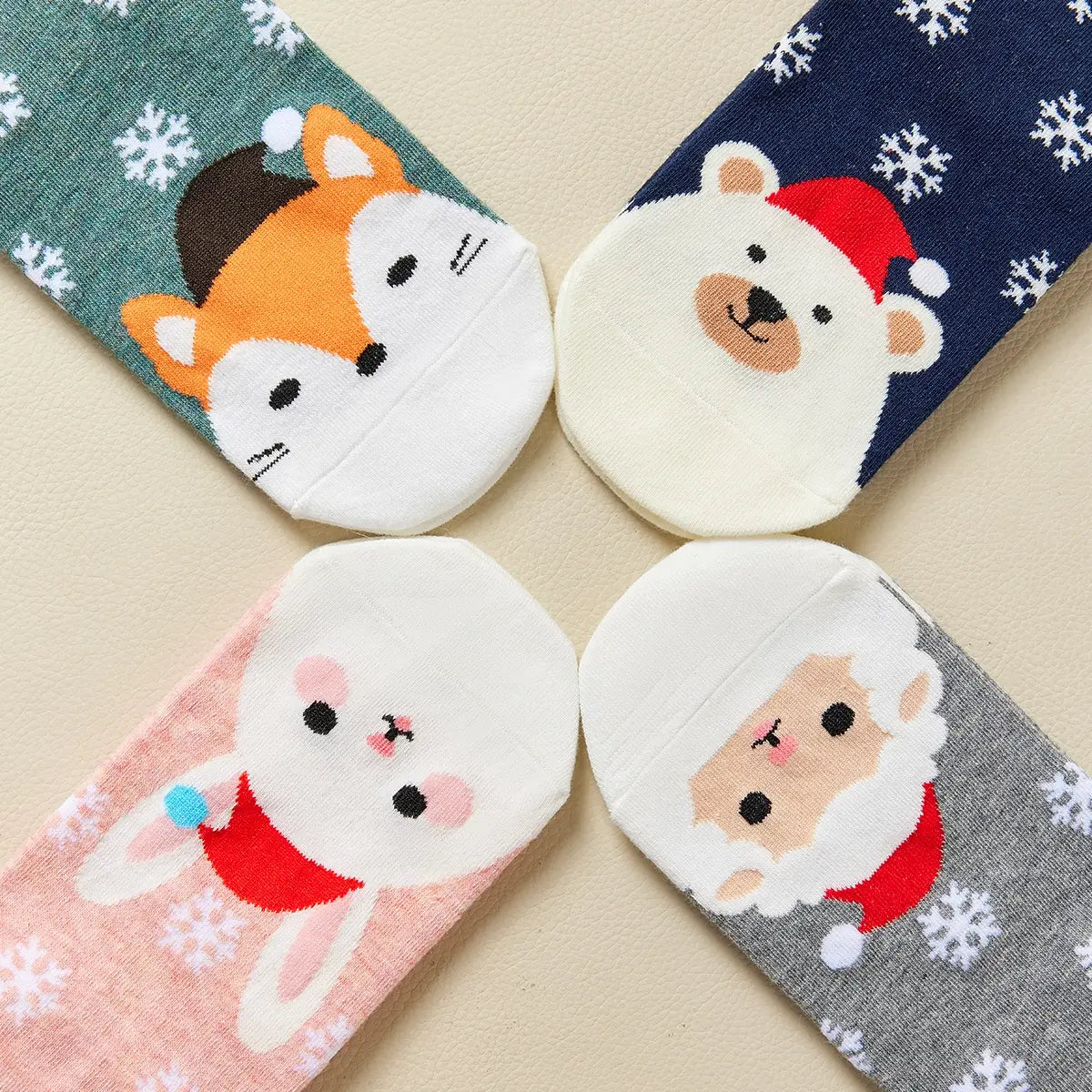 Lot de chaussettes de noël motif flocons et tête d'animal portant un bonnet de noël : ours, renard, mouton, lapin