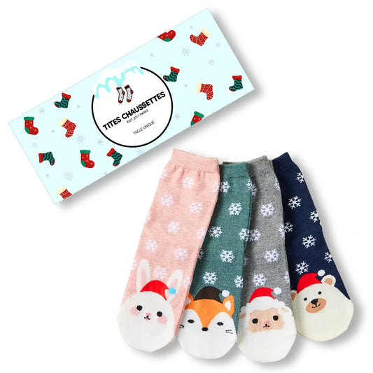 Lot de chaussettes de noël motif flocons et tête d'animal portant un bonnet de noël : ours, renard, mouton, lapin