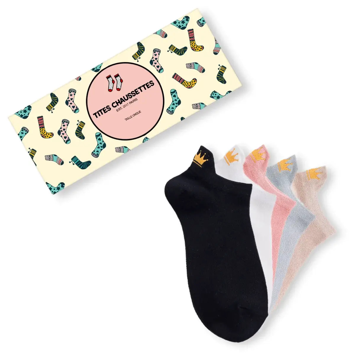 Lot de 5 chaussettes avec languette et couronne dorée.