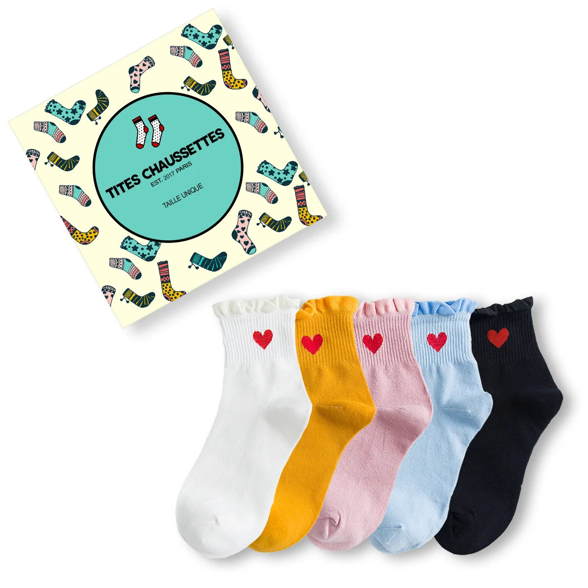 Lot de 5 chaussettes hautes avec cœur brodé et bord dentelle