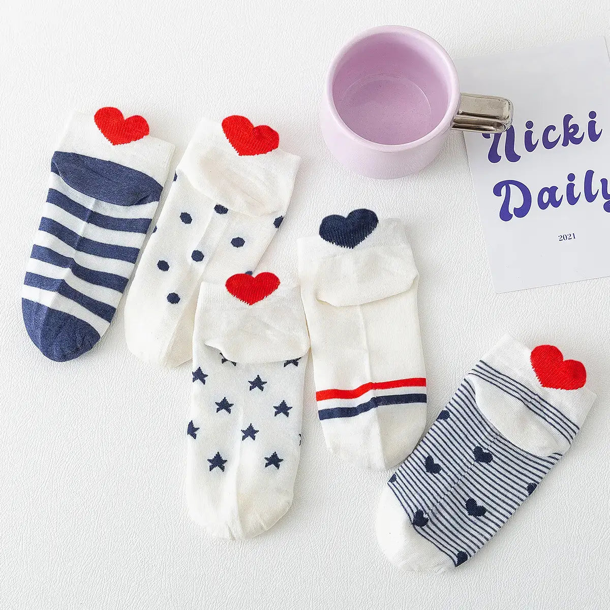 Lot de 5 socquettes avec languette cœur protectrice et motifs marins
