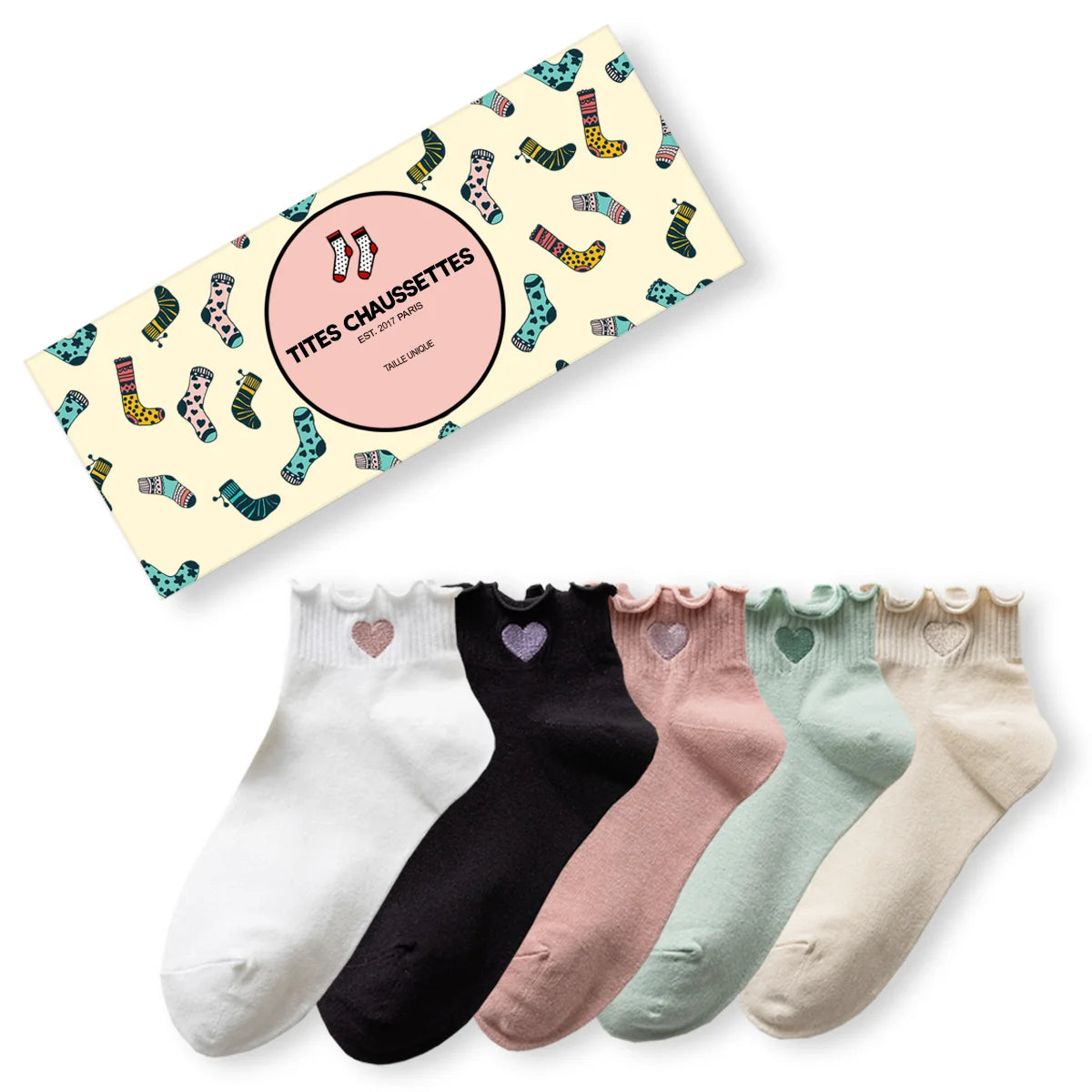 Lot de 5 chaussettes unies avec cœur brodé et finition dentelle
