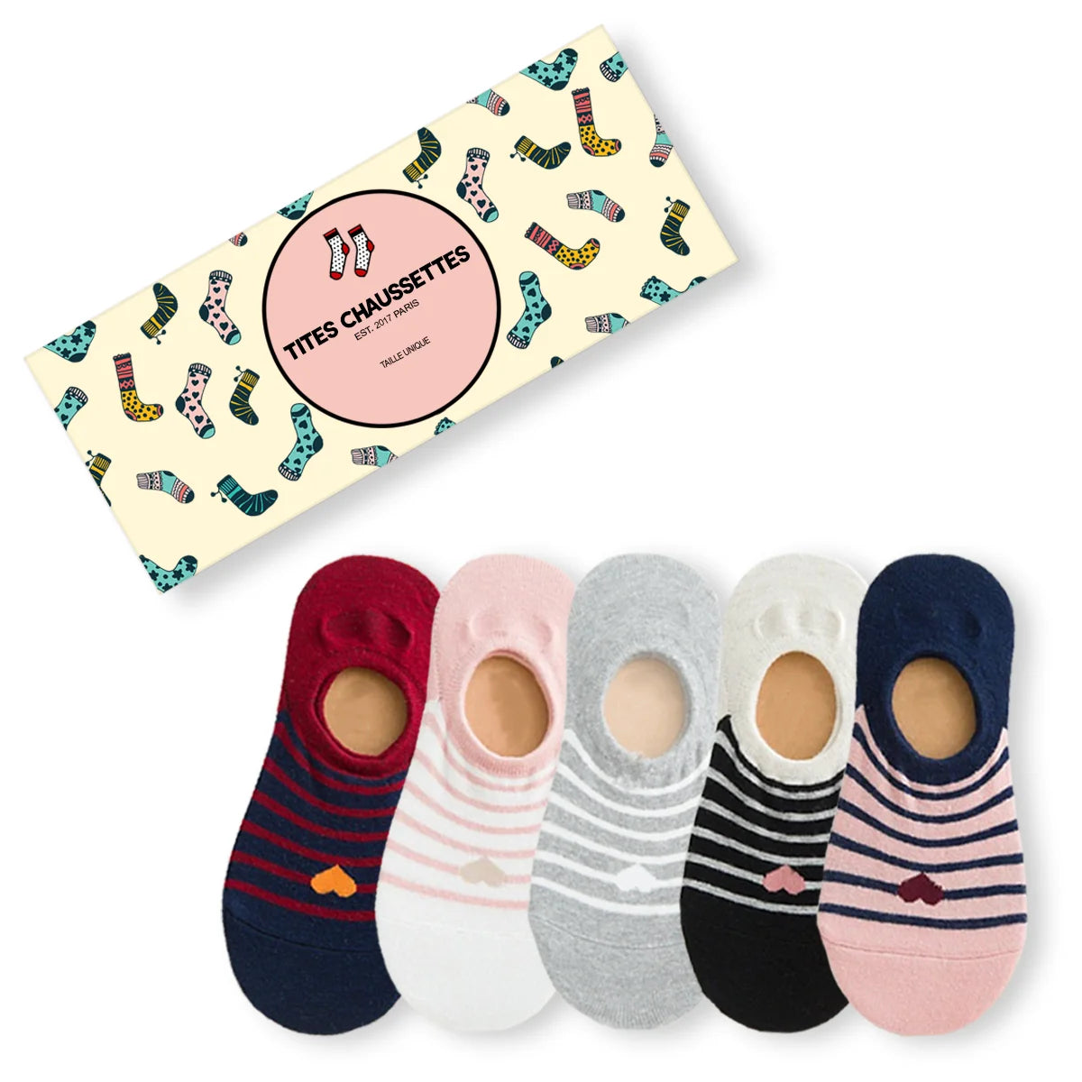 Lot de 5 socquettes marinières avec cœur contrasté.