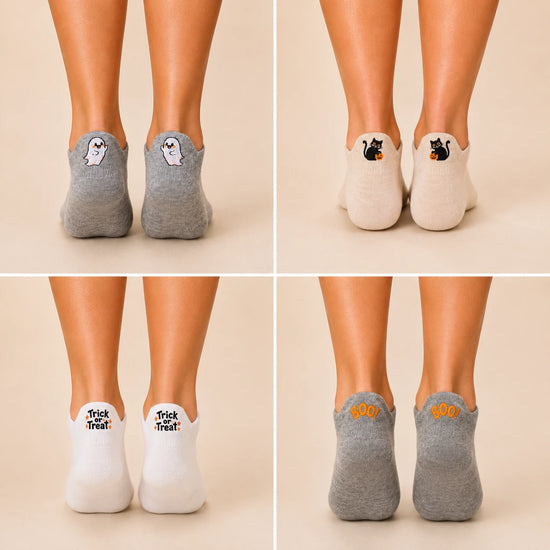 Lot de 4 chaussettes languette Halloween en coton, confortables et originales. Motifs fantôme, chat noir, Boo et Trick or Treat. Taille unique 35-41.