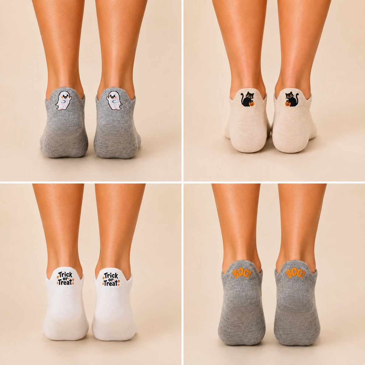 Lot de 4 chaussettes languette Halloween en coton, confortables et originales. Motifs fantôme, chat noir, Boo et Trick or Treat. Taille unique 35-41.