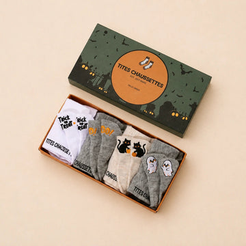 Lot de 4 chaussettes languette Halloween en coton, confortables et originales. Motifs fantôme, chat noir, Boo et Trick or Treat. Taille unique 35-41.