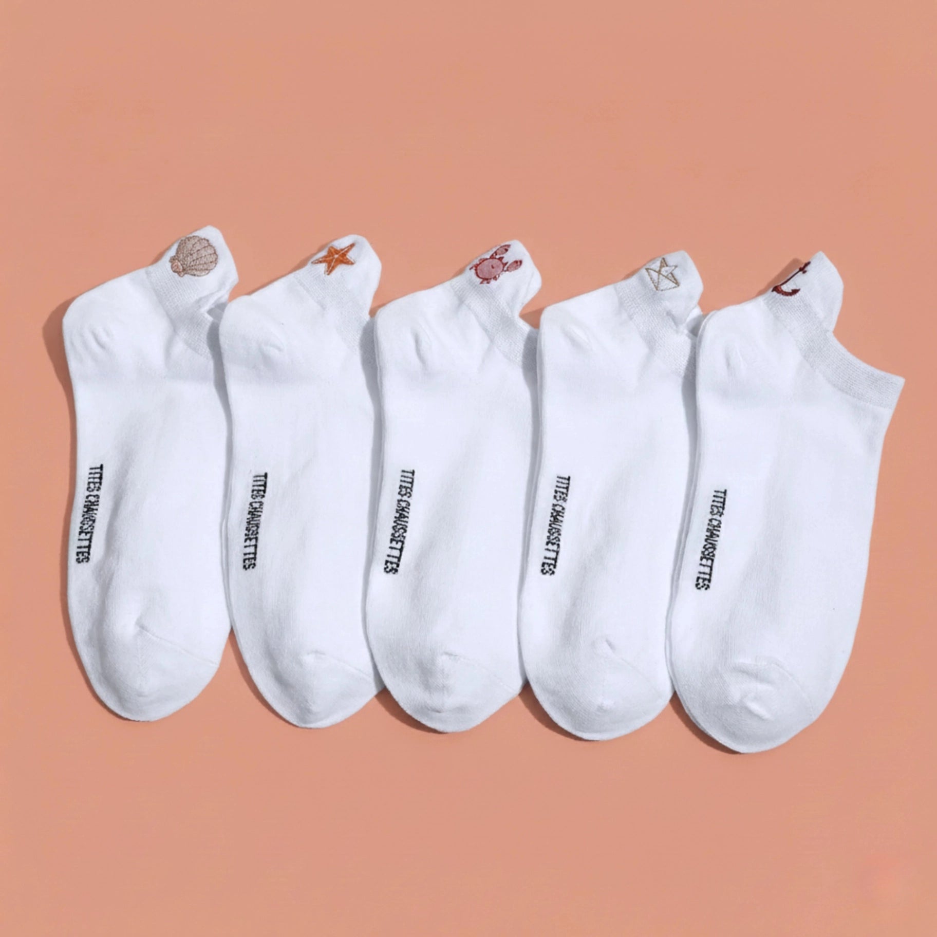 Lot de 5 chaussettes fantaisie à languette, motifs marins brodés, confort stretch, tailles 35-41. Idéal pour un look frais et sans ampoules.