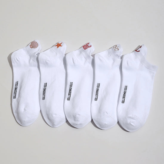 Lot de 5 chaussettes fantaisie à languette, motifs marins brodés, confort stretch, tailles 35-41. Idéal pour un look frais et sans ampoules.