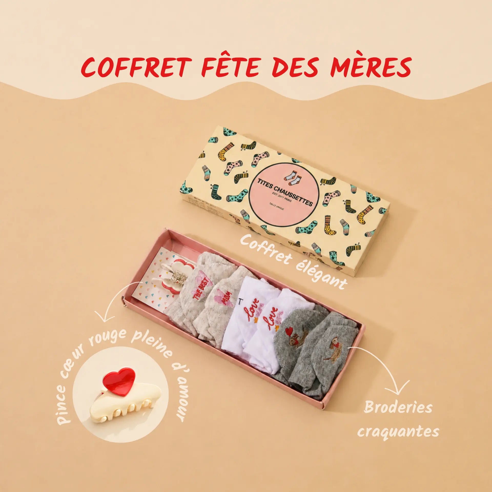 Coffret Fête des Mères : 3 chaussettes fantaisie + pince cœur. Cadeau original, édition limitée, confortable et prêt à offrir. Idéal pour maman.