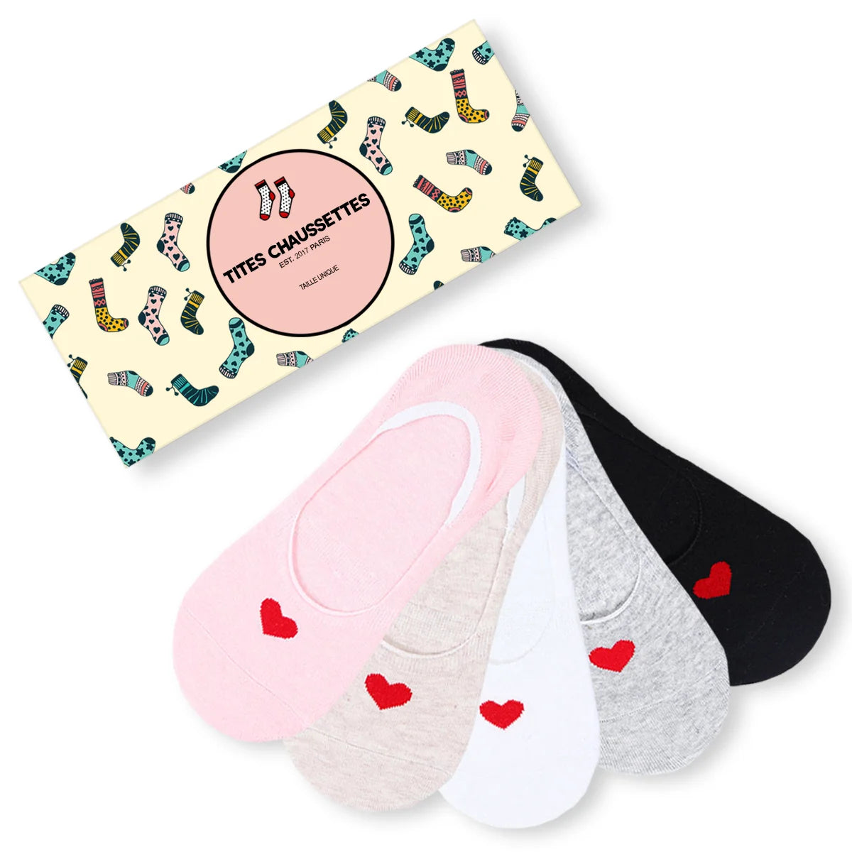 Lot de 5 socquettes invisibles avec cœur tricoté. Douces, discrètes, antiglisse. 5 couleurs pour un look romantique et confortable au quotidien.