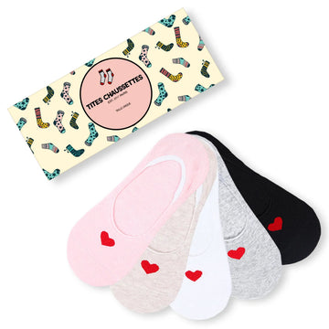 Lot de 5 socquettes invisibles avec cœur tricoté. Douces, discrètes, antiglisse. 5 couleurs pour un look romantique et confortable au quotidien.