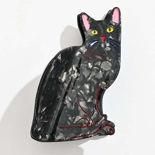 Pince cheveux chat femme en acétate noire, 8 cm. Accessoire coiffure original et élégant, idéal pour cheveux fins à normaux, usage quotidien.