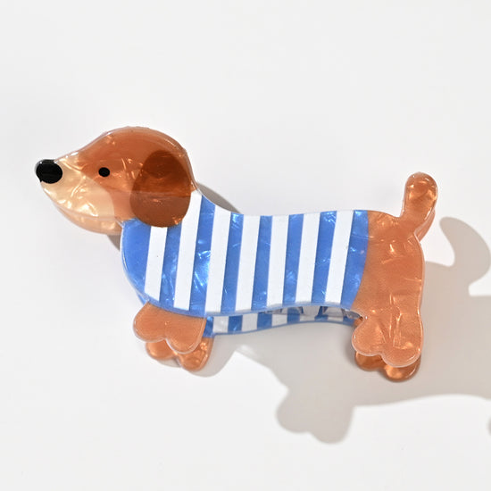 Pince cheveux Chien de 7,5 cm disponible en marinière bleue ou pull rose. Accessoire cheveux original et tendance, parfait pour offrir ou se faire plaisir.
