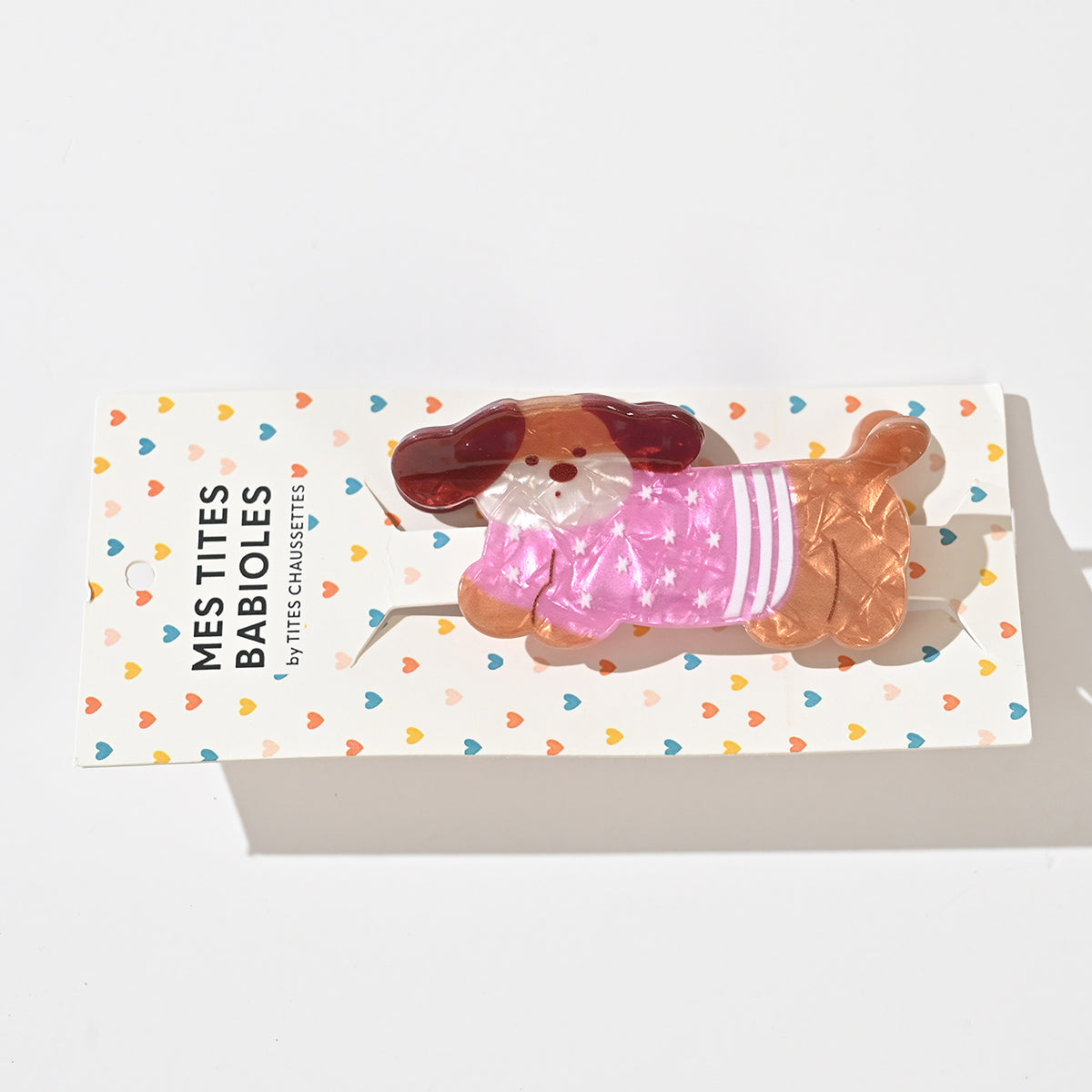 Pince cheveux Chien de 7,5 cm disponible en marinière bleue ou pull rose. Accessoire cheveux original et tendance, parfait pour offrir ou se faire plaisir.
