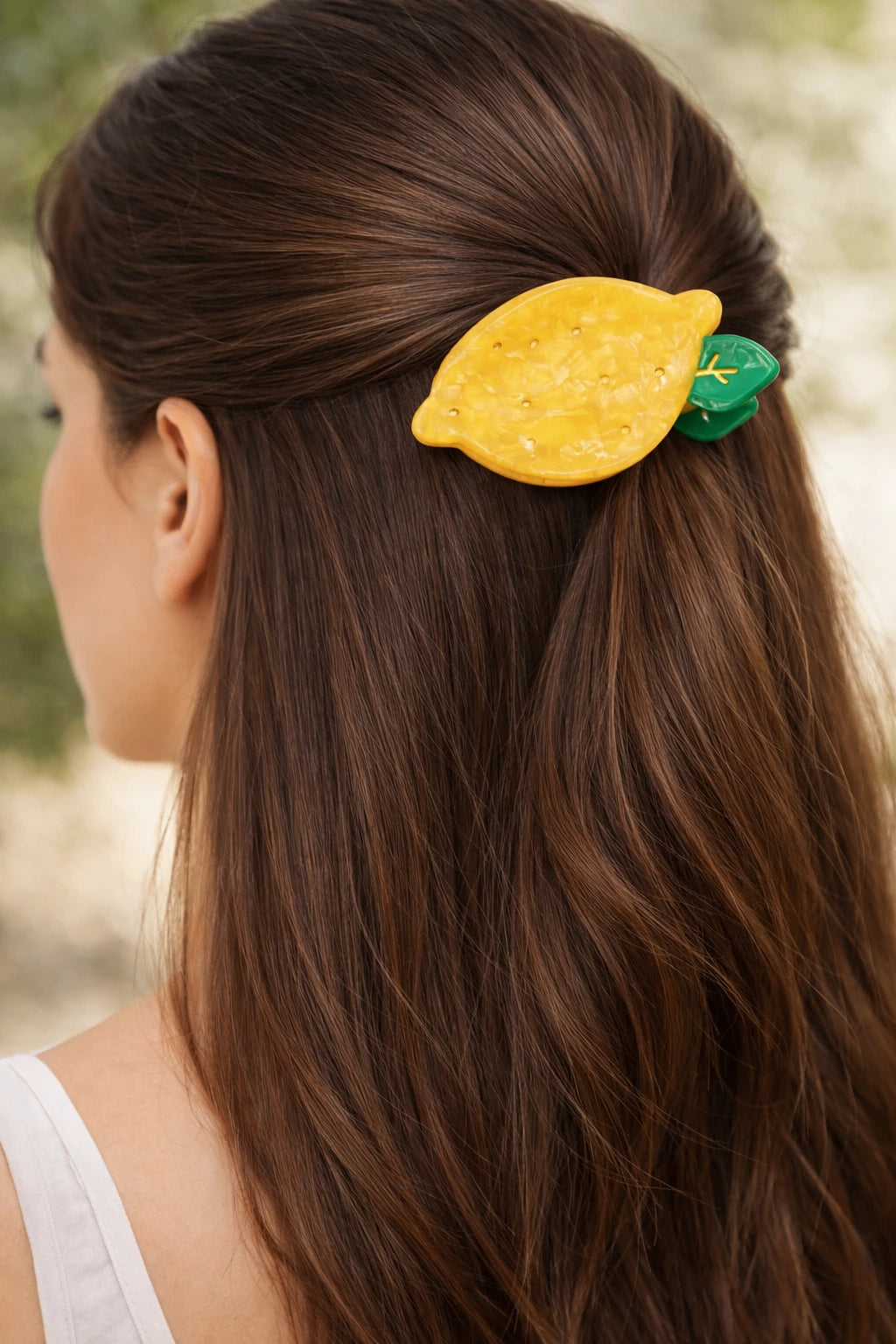 Pince cheveux en forme de citron, coloris jaune et vert
