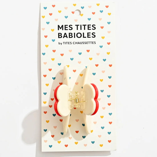 Pince cheveux cœur ivoire et rouge en acétate, 5,5 cm. Accessoire coiffure élégant et pratique, idéal pour cheveux fins à mi-longs.