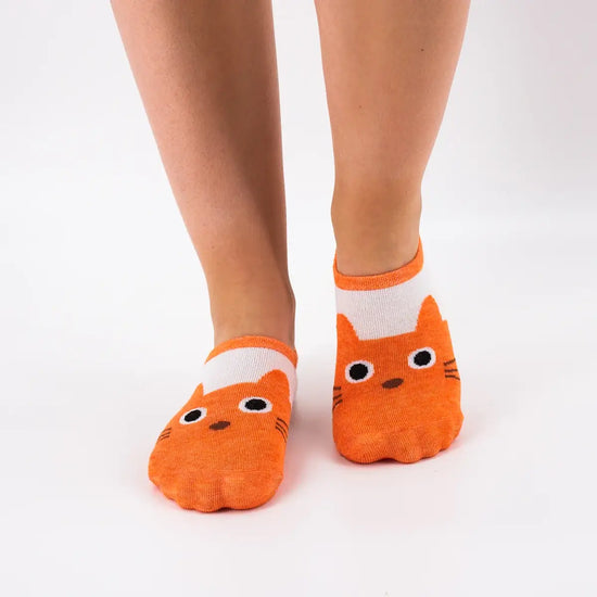 Socquettes basses, motif tête de chat sur le devant du pied, coloris blanc & orange