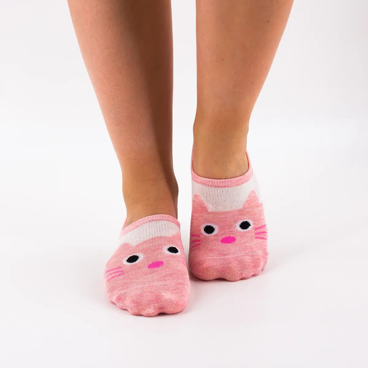 Socquettes basses, motif tête de chat sur le devant du pied, coloris blanc & rose