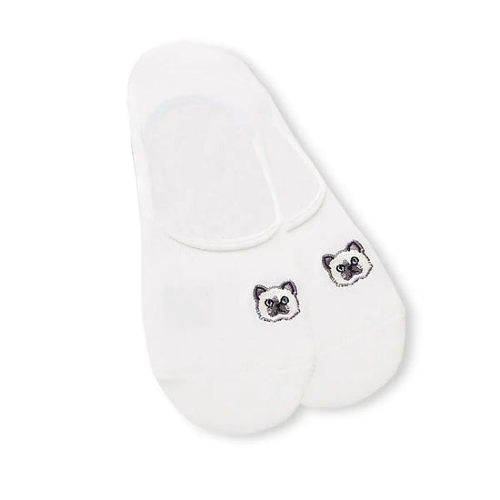Socquettes invisibles, coloris blanc, tête de chat brodée sur l'avant du pied 