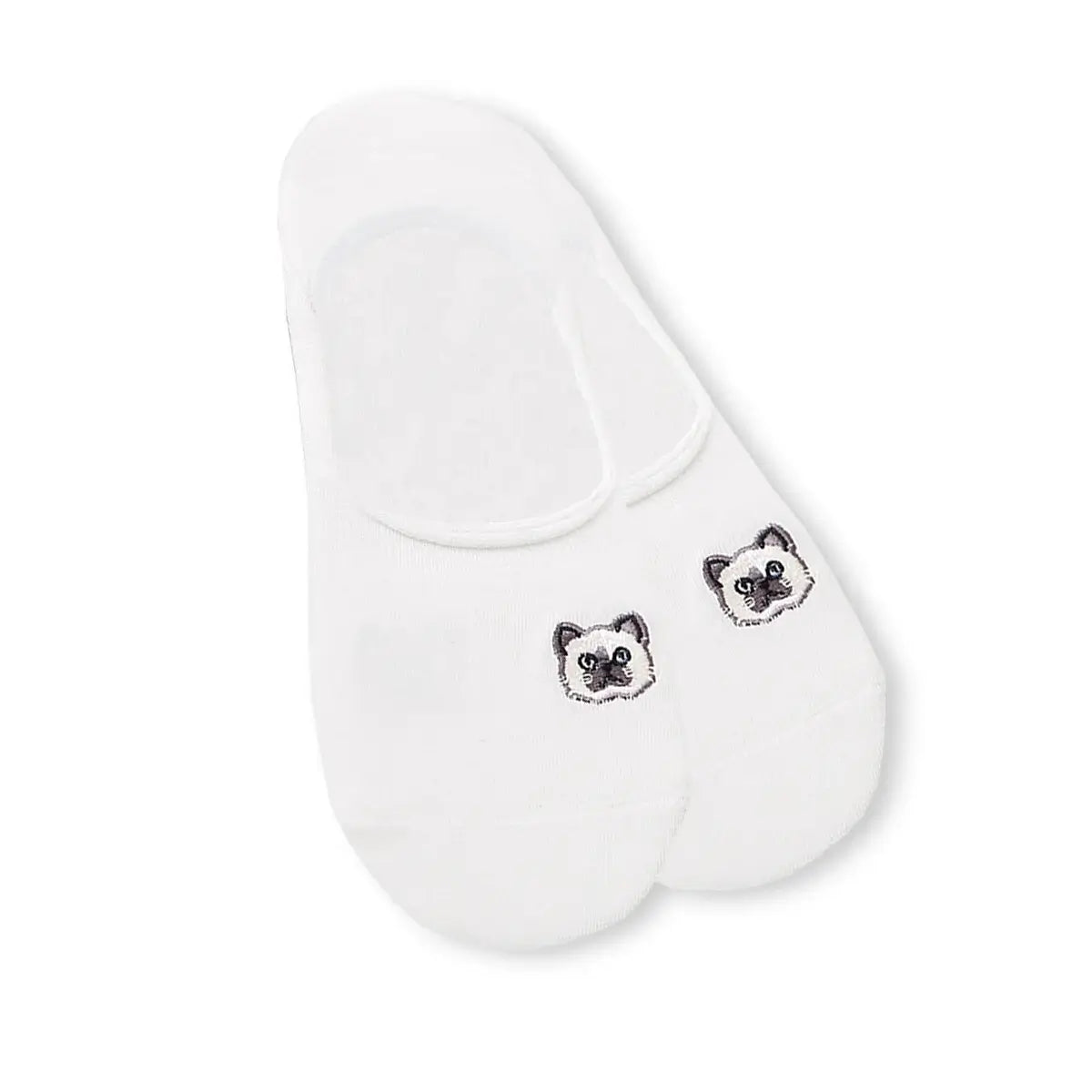 Socquettes invisibles, coloris blanc, tête de chat brodée sur l'avant du pied 