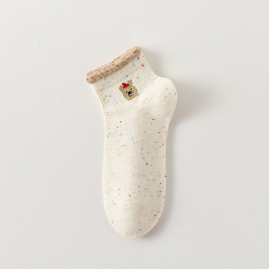 Lot de 5 chaussettes basses à motifs animaux, fond beige, languette anti-frottement, matière douce et stretch. Taille unique 35-41.