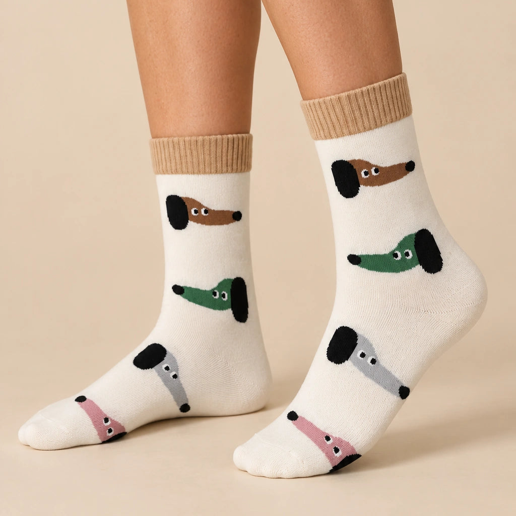 Chaussettes hautes chiens et chats pour femme, vendues à l’unité. Deux motifs animaliers originaux, matière douce et stretch, taille unique 35-41.