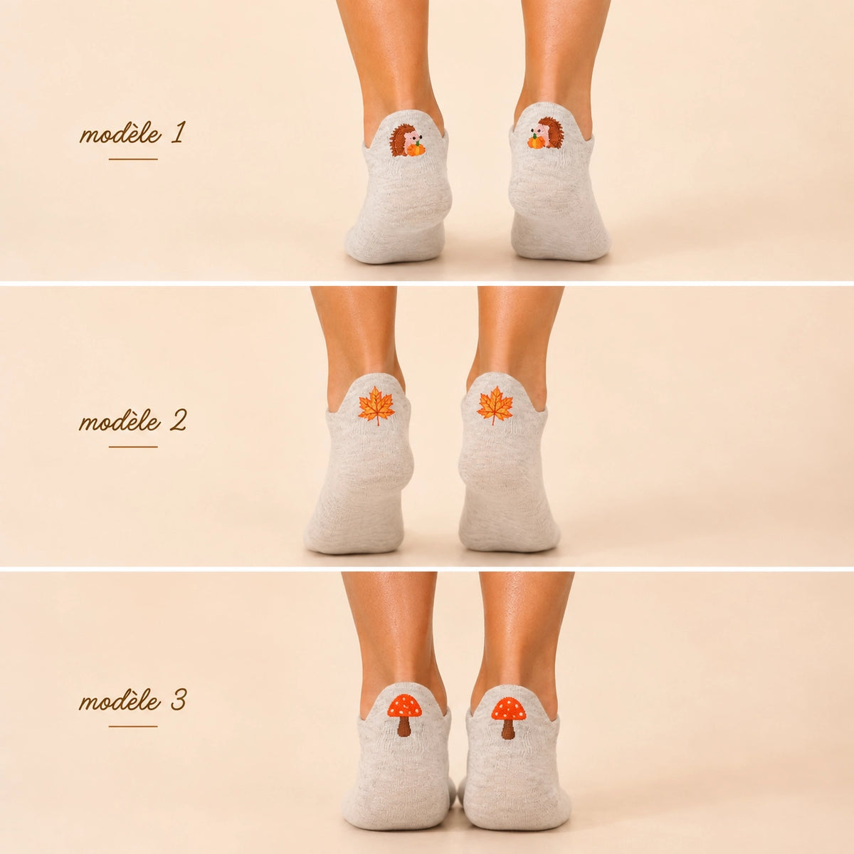 Lot de 3 chaussettes languette femme à motifs automne : hérisson, champignon et feuille. Languette anti-frottement, fond blanc, taille unique 35-41.