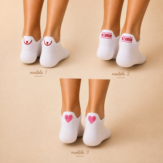 Lot de 3 chaussettes languette Octobre Rose. 20 % des ventes reversés à Ruban Rose. Chaussettes solidaires, confortables et brodées de symboles engagés.