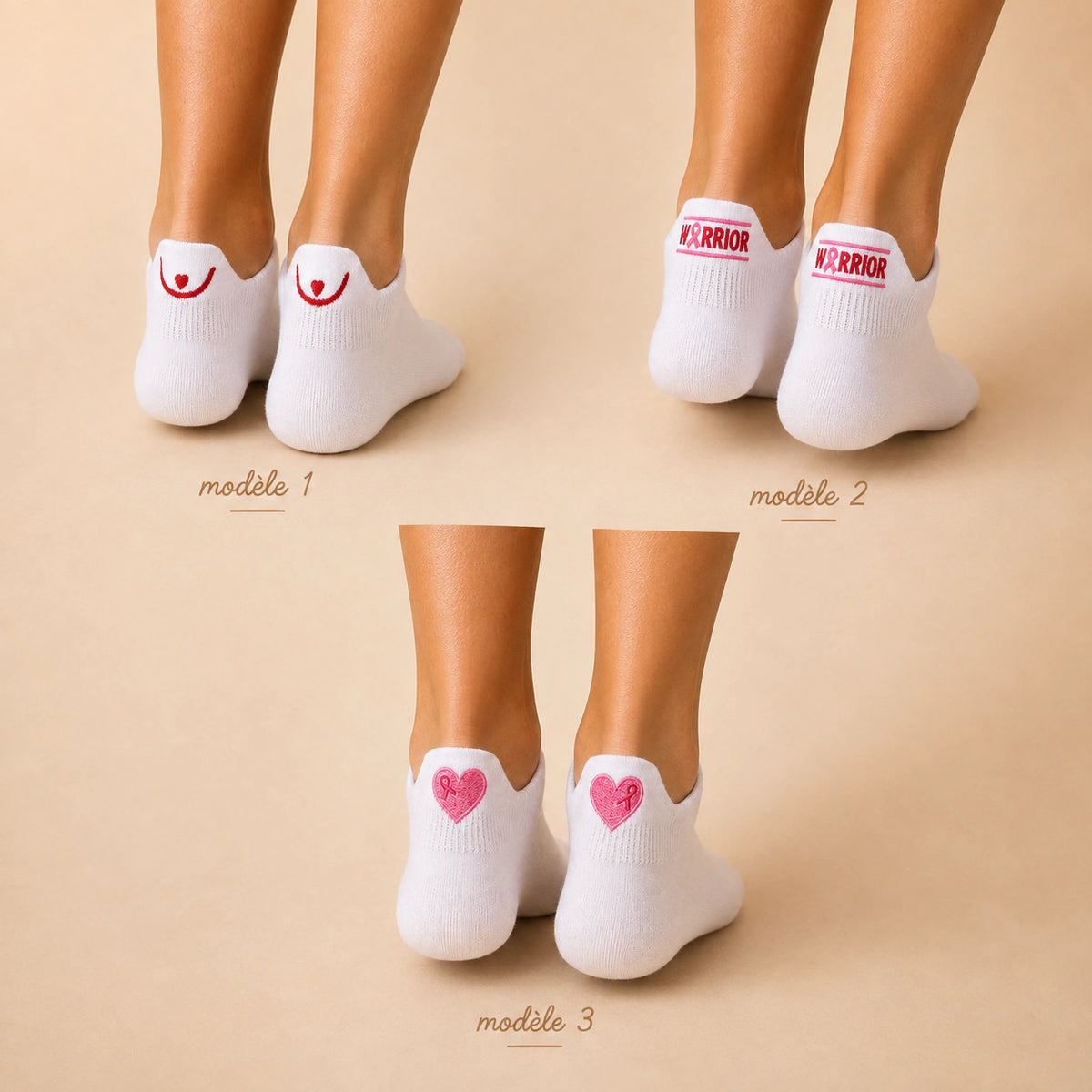 Lot de 3 chaussettes languette Octobre Rose. 20 % des ventes reversés à Ruban Rose. Chaussettes solidaires, confortables et brodées de symboles engagés.